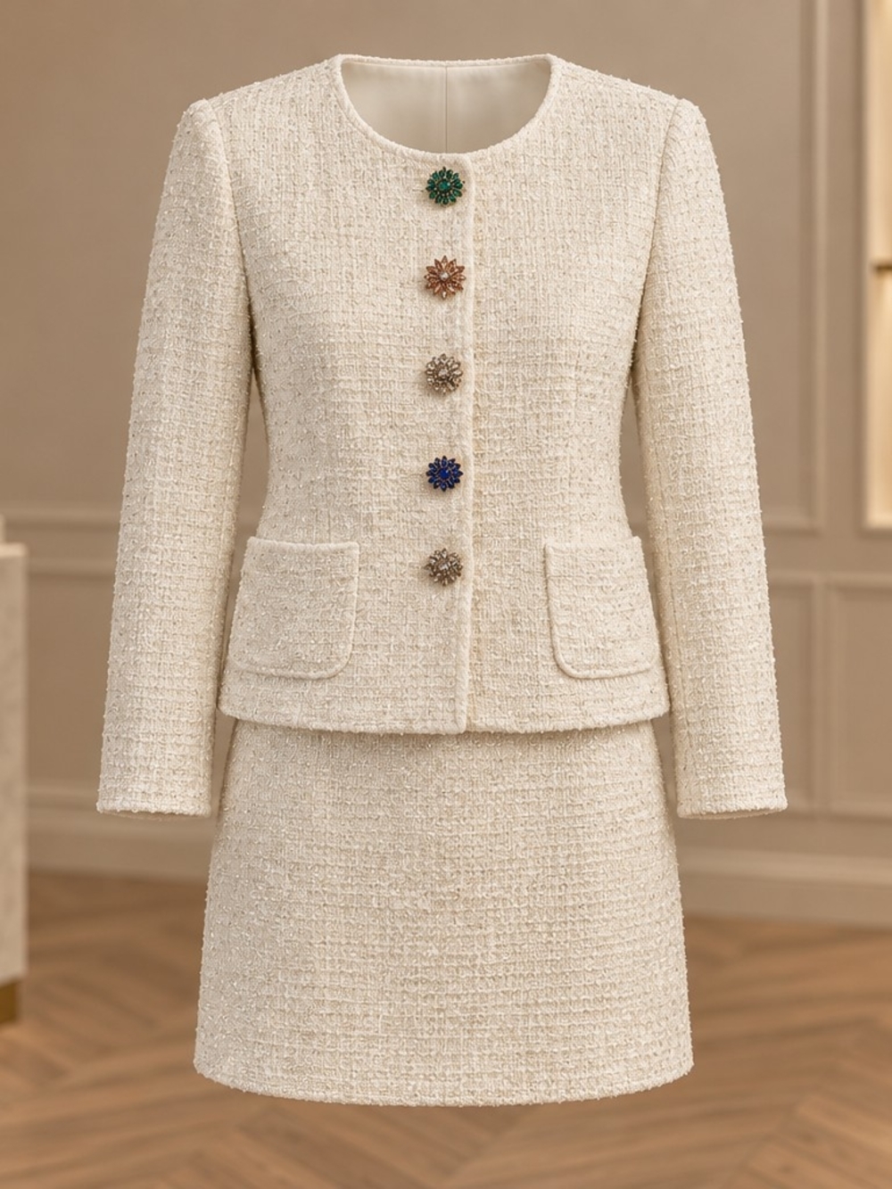 Amanda Charles women's Cream Tweed Jacket and Skirt Set - Elegant Classic